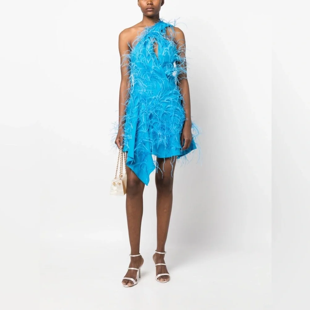 Cult Gaia Eliana Dress Lake Blue Feather Embellished Size XS - Picture 2 of 13